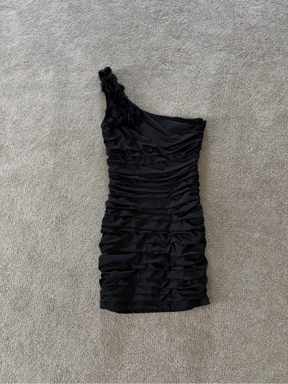 Nikibiki One-Shoulder Black Ruched Mini Dress with Floral Strap